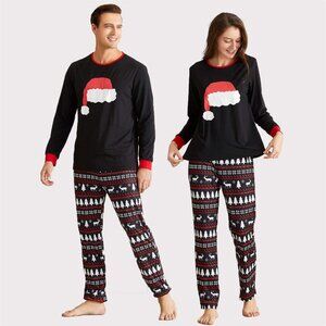 Swomog Women's Black Red Holiday XMAS Santa Hat Long Sleeve Pajama Set Large